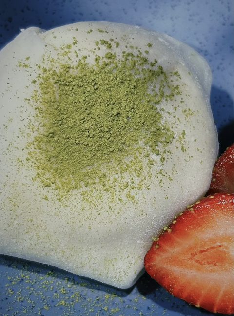 Mochi ice cream with matcha and strawberries